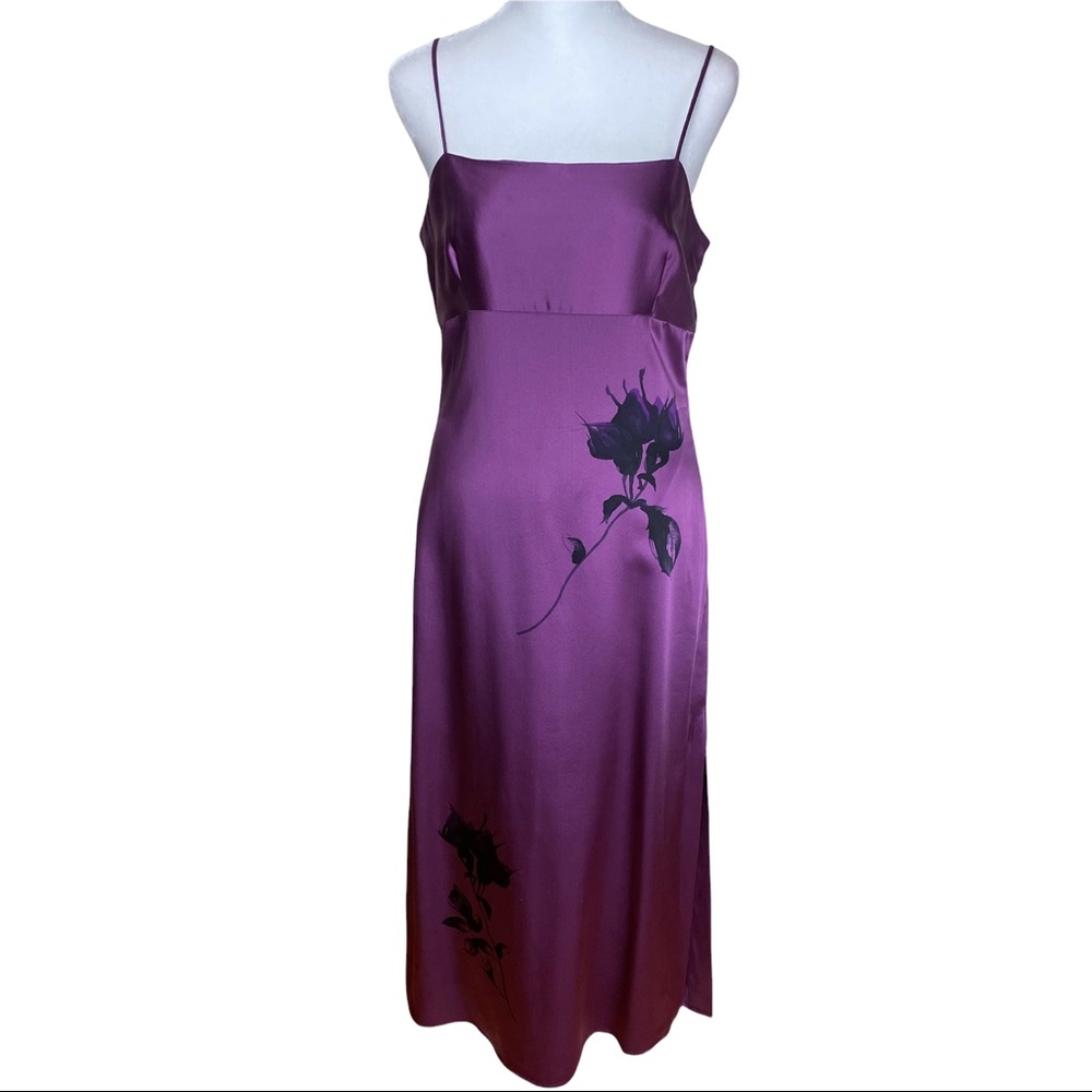 CASUAL CORNER silk purple w black flower spaghetti strap long maxi dress 4